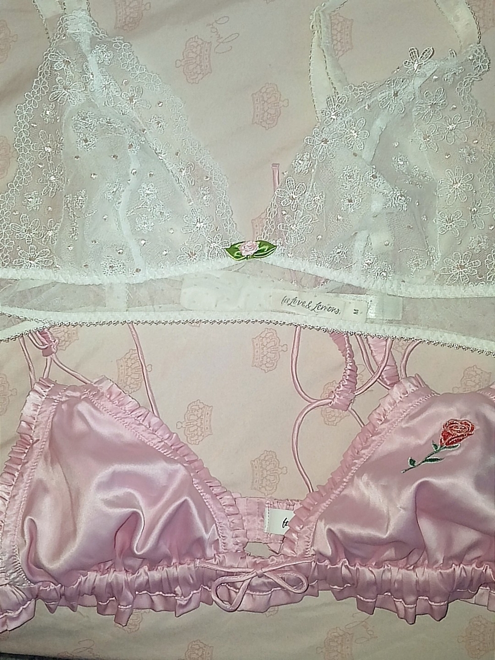 For Love & Lemons White Lace Bralette and Pink Satin Bralette Set